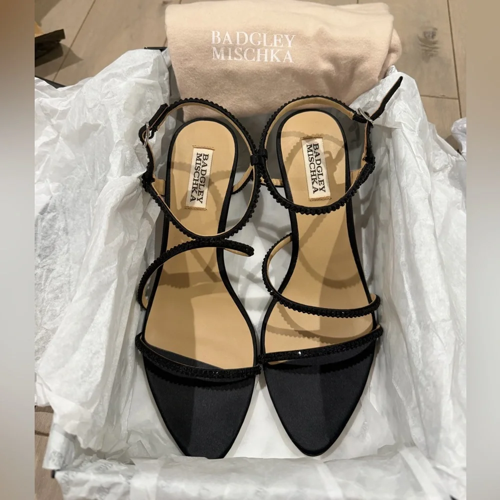NWT: Badgley Mischka Julianna Black Satin Strappy Heels new in box with dust bag - Picture 10 of 14